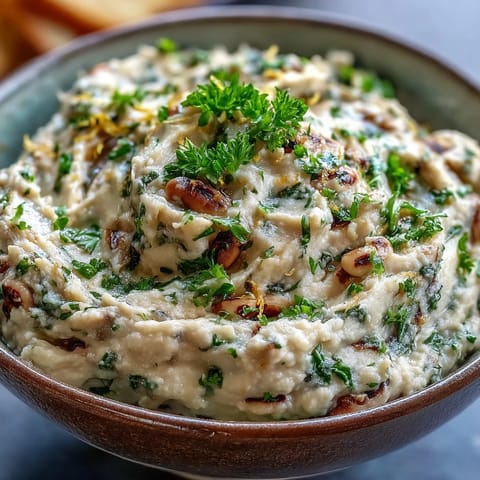 Creamy Smashed Black-Eyed Peas garnished with fresh parsley and lemon zest, ready to serve as a vegan dip with pita chips.