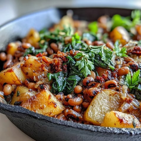 Close-up of Black-Eyed Pea Skillet Dinner, featuring tender potatoes, sweet onions, and fresh parsley garnish.