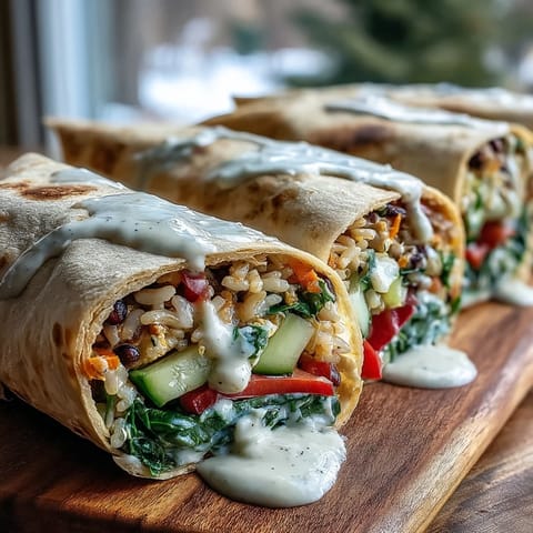 Stack of warm Black-Eyed Pea Wraps cut in half to reveal layers of brown rice, black-eyed peas, and vibrant veggies, perfect for a healthy lunch.