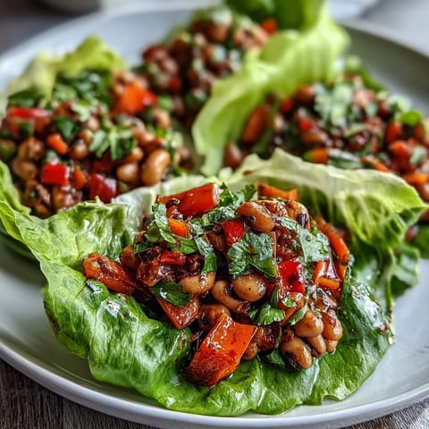 Freshly prepared Black-Eyed Pea Lettuce Wraps served as a vibrant appetizer on a rustic wooden table.