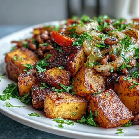 Golden roasted black-eyed pea hash with Yukon Gold potatoes, red bell peppers, and fresh parsley garnish.
