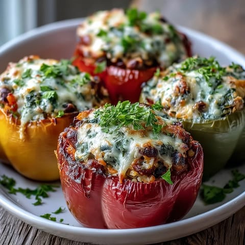 Golden-brown baked Black-Eyed Pea Stuffed Peppers fresh from the oven, filled with savory rice and aromatic vegetables.