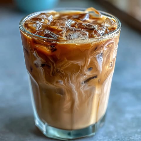 A refreshing glass of Iced Hojicha Latte layered with creamy milk and ice cubes, garnished with a sprinkle of roasted tea powder.