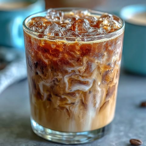 Close-up of an Iced Hojicha Latte in a clear glass showing a beautiful tea and milk swirl, served with a cinnamon stick.