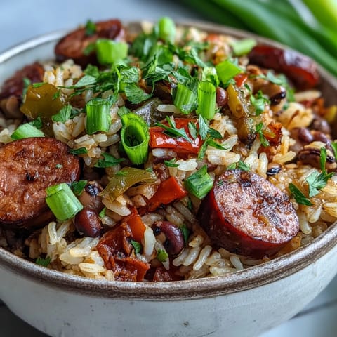 Black-Eyed Pea Jambalaya steaming in a pot with sausage, rice, and bell peppers, a hearty Cajun meal.