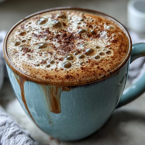 Warm mug of Hot Hojicha Latte with creamy steamed milk and a dusting of roasted green tea powder.