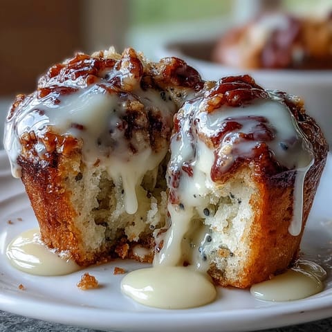 Freshly baked lemon poppy seed muffins with golden tops, drizzled with a bright citrus glaze — a delightful spring brunch treat.
