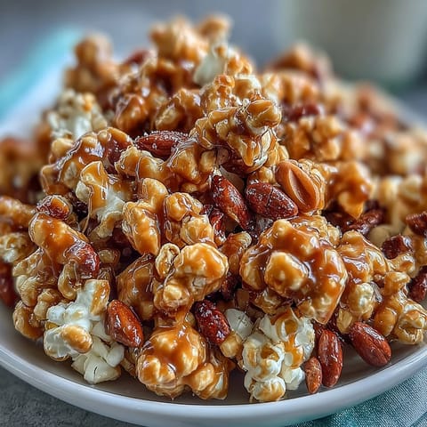 Sweet and salty Baseball Season Popcorn Mix with peanuts and caramel, perfect for game day snacking and movie nights.