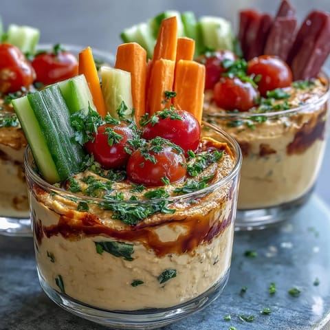 Portable snack cups with creamy hummus and fresh vegetable sticks for easy dipping on the go.