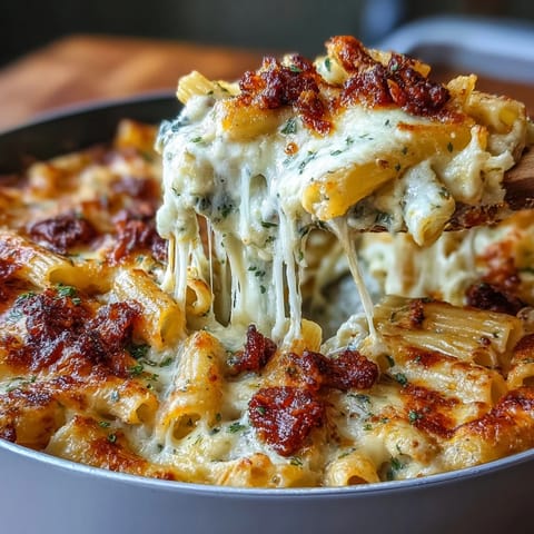 One-Pot Cheesy Pasta Bake with bubbling mozzarella and golden Parmesan crust.