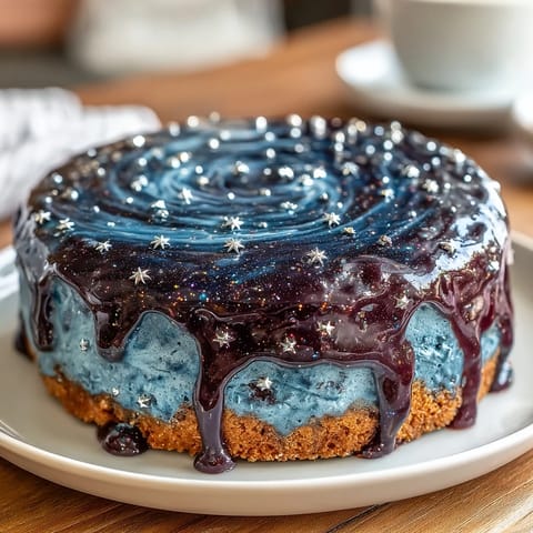A stunning galaxy buttercream cake decorated with shimmering edible stars and celestial swirls.