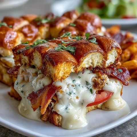 Derby Party Hot Brown Sliders on Brioche Buns with golden turkey, crispy bacon, and creamy Mornay sauce, baked to perfection and garnished with parsley.