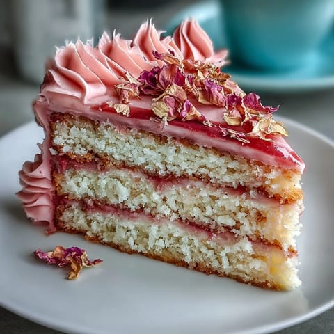 Showstopping Mothers Day Cake with pink ombre buttercream and edible flowers on a rustic table
