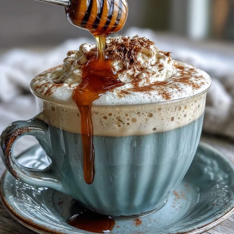 Warm dandelion tea latte with oat milk and honey, served in a mug with a sprinkle of cinnamon.