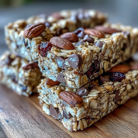 No-Bake Granola Energy Bars with oats, nuts, and dried fruit, stacked on a rustic wooden board.