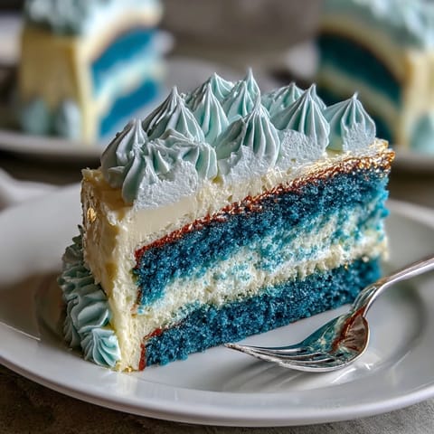 Three-layer ombre cake in deep blue shades, frosted with rich vanilla buttercream and finished with shimmering gold leaf for a festive look.