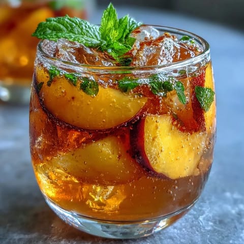 Sparkling Mango Peach Tea with ripe fruit and mint, served over ice in a clear glass.