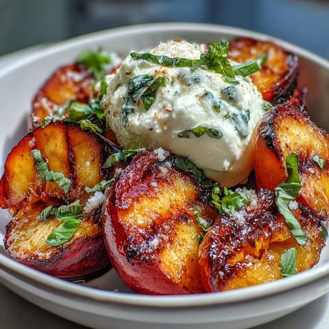 A colorful summer salad with grilled peaches, creamy burrata, and honey drizzle on fresh greens.
