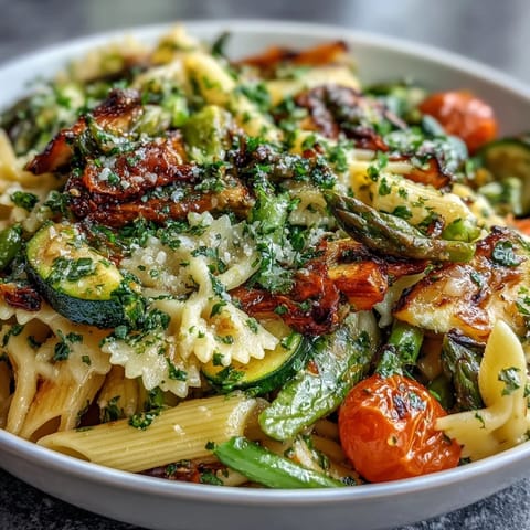 Spring Pasta Primavera with Fresh Veggies in a colorful skillet, vibrant seasonal vegetables tossed with tender pasta and herbs.