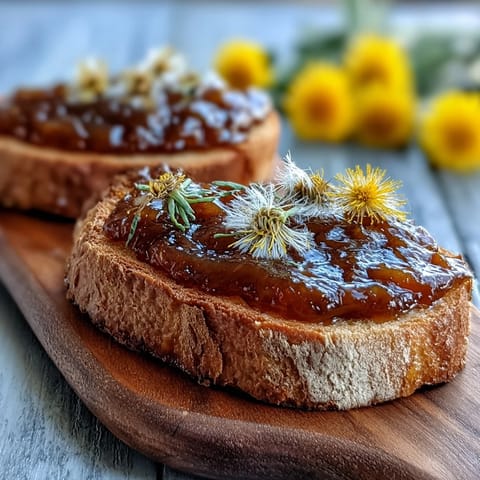 Golden dandelion jelly spread on a rustic slice of toast, capturing the light floral essence of spring.