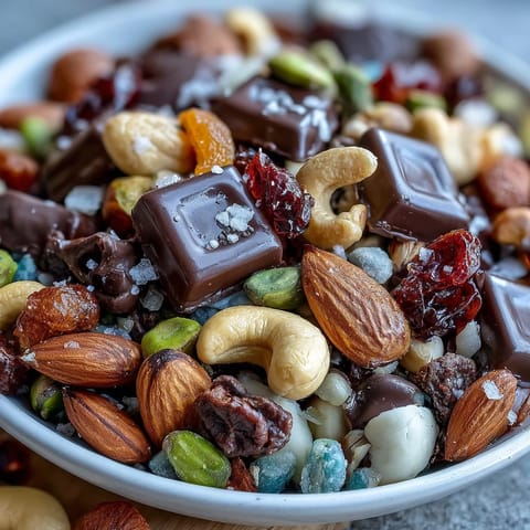 Homemade Trail Mix with Dark Chocolate featuring crunchy almonds, cashews, and rich chocolate chunks, perfect for energizing snacks.