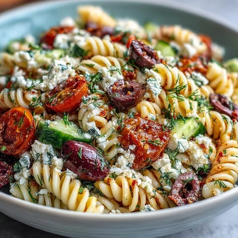 Summer Pasta Salad: Greek Style with Olives and Feta, a colorful mix of crisp veggies, briny olives, and creamy feta in a tangy Mediterranean dressing.