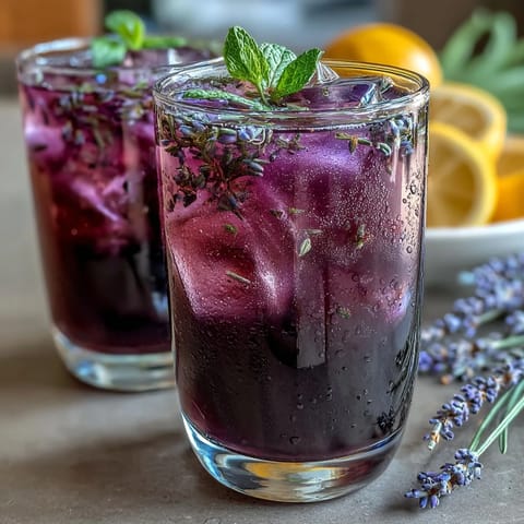 A refreshing purple lemonade refresher with fresh citrus and lavender syrup, served over ice with lemon slices.