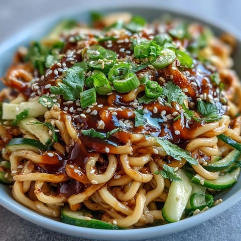Cold Sesame Noodle Bowl with Cucumber, garnished with julienned carrots and fresh cilantro, served in a white bowl.  