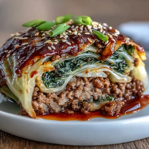 Steamed Korean Cabbage Rolls filled with savory spiced beef, ready for dipping.
