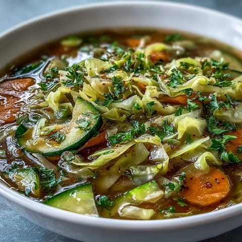 Steaming, light Spring Detox Cabbage Soup, perfect for a healthy springtime meal.