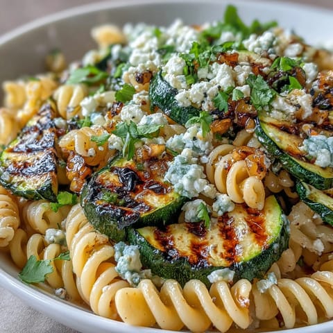 Pasta salad with grilled zucchini, corn, and Cotija, tossed in a zesty lime dressing for a vibrant summer meal.  