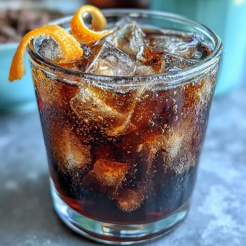 A tall glass of cold brew coffee tonic with orange zest, served over ice with a bright citrus aroma.