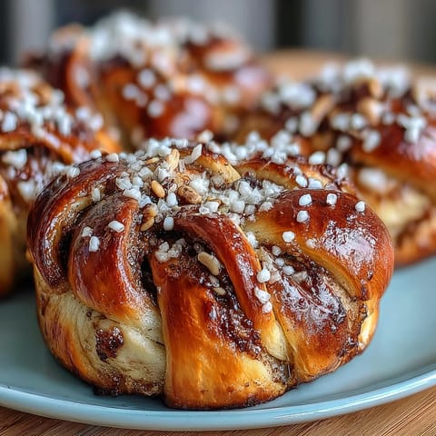 Golden baked Swedish cardamom buns glistening, with pearl sugar and warm aroma.