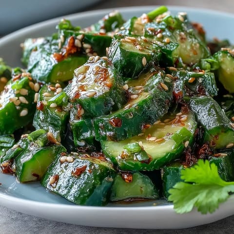 Vibrant Smashed Cucumber Salad bursting with tangy dressing and fresh scallions.