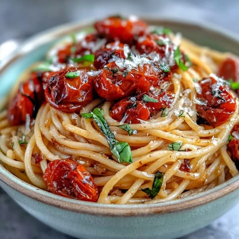 Tender cherry tomatoes confited in fragrant garlic oil, served atop perfectly cooked spaghetti.