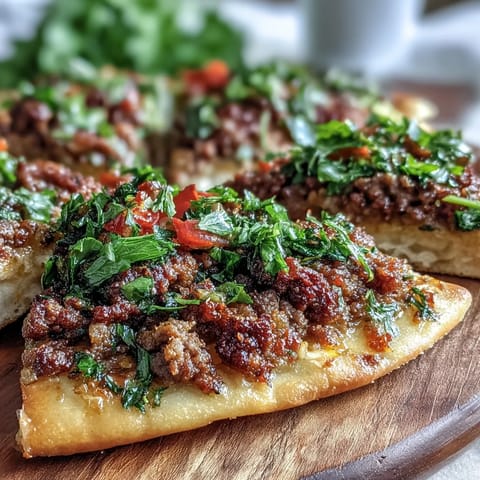Crispy Turkish Lahmacun with spiced lamb topping, ready to be sliced.