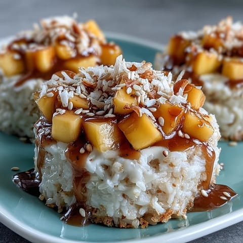 Coconut Mango Sticky Rice Cups topped with fresh, juicy diced mangoes.