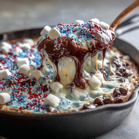 A bubbly 4th of July S'mores Dip in cast iron, ready for scooping with graham crackers.