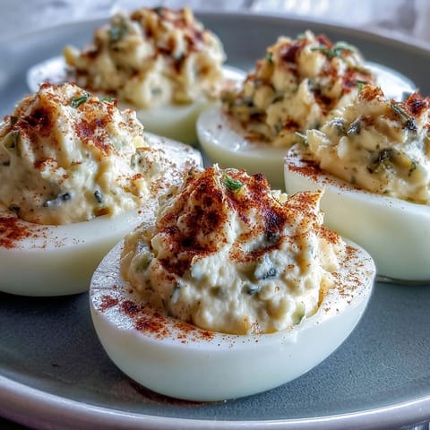 Tangy sweet pickle relish deviled eggs, a delightful appetizer, ready to be served.