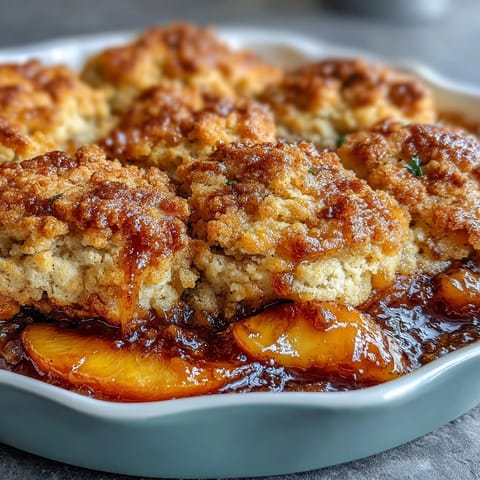Juicy peaches nestled under flaky, buttery biscuits, ready from the oven.
