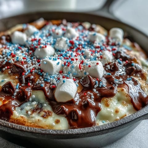 Golden, melted marshmallows top gooey chocolate in a cast iron for 4th of July S'mores Dip.