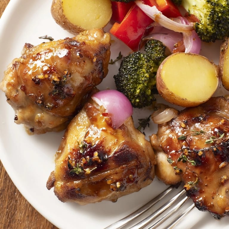 Close-up of juicy Honey Lemon Roasted Chicken Sheet Pan served hot with colorful broccoli and potatoes.