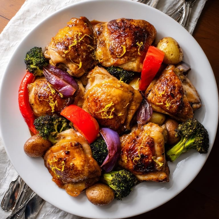 Honey Lemon Roasted Chicken Sheet Pan dinner fresh from the oven, garnished with lemon zest and thyme.