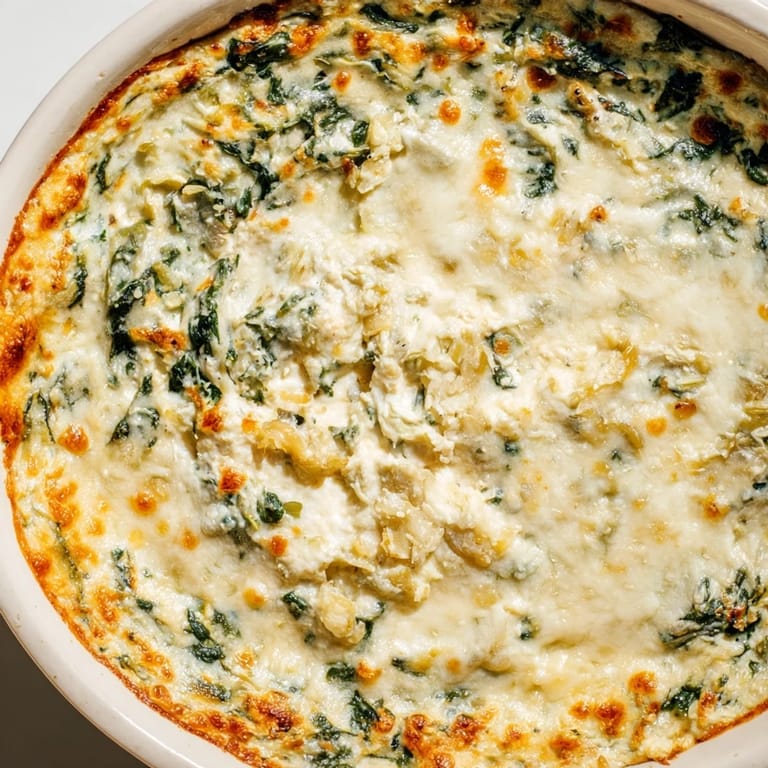 This creamy Warm Spinach and Artichoke Dip features melted cheese and a hint of spice, ready to serve.