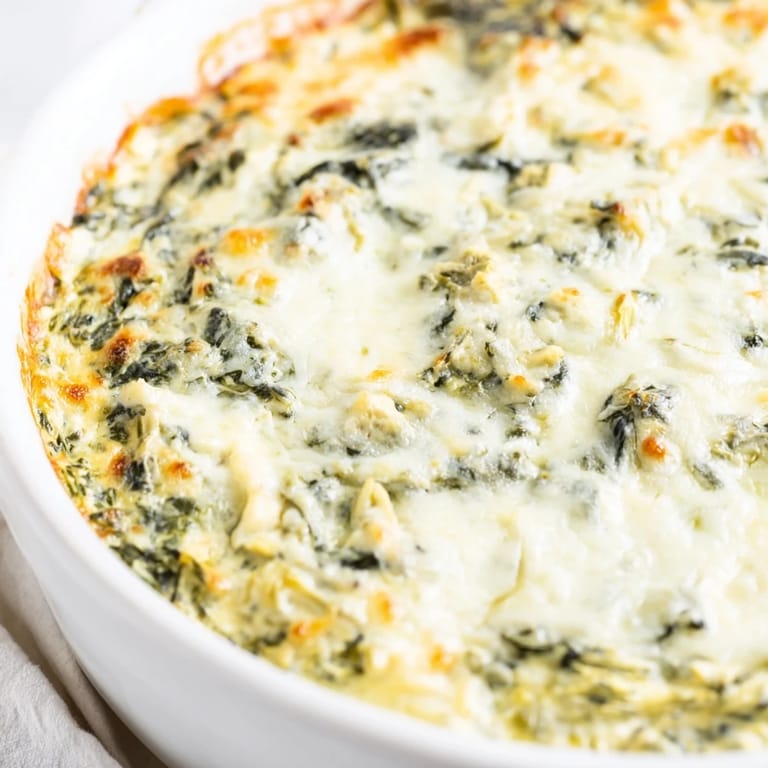 Imagine a close-up of this delicious Warm Spinach and Artichoke Dip, beautifully browned and inviting for snacking.