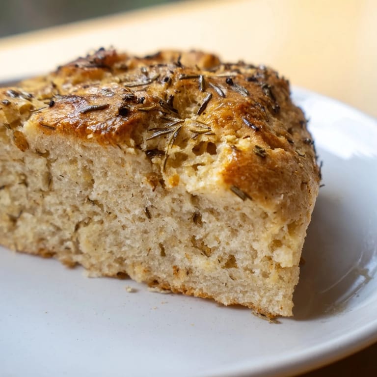Rustic, freshly baked garlic and rosemary bannock bread, a quick flatbread with visible herbs.