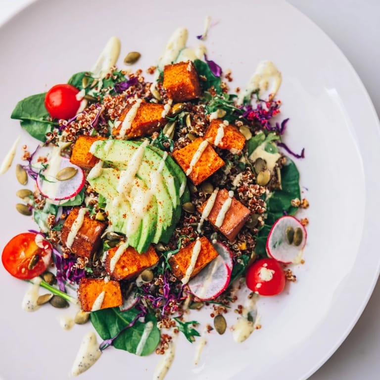 A close-up of a Complete Veggie Bowl, showcasing fluffy quinoa, colorful veggies, and tahini.