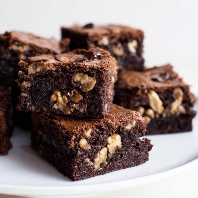 Golden-brown, freshly baked fudgy walnut brownies cut into squares, ready to be served.