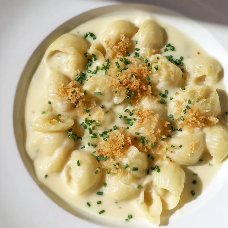 A steaming bowl of stove-top mac and cheese, rich with melted cheese and fresh herbs.