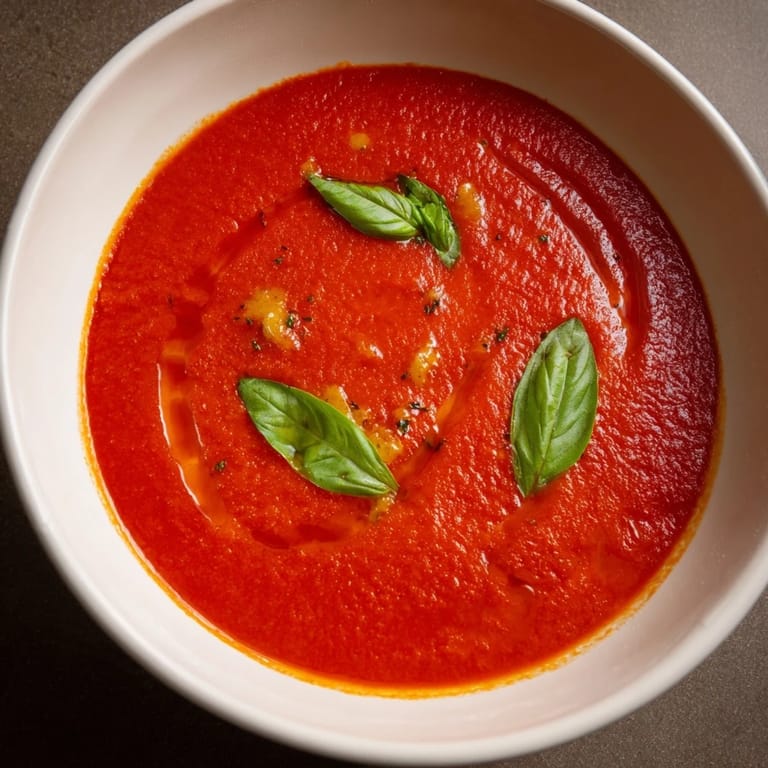 Homemade Comfort Soup: Tomato and Basil Soup, featuring a vibrant red color and a fragrant aroma.
